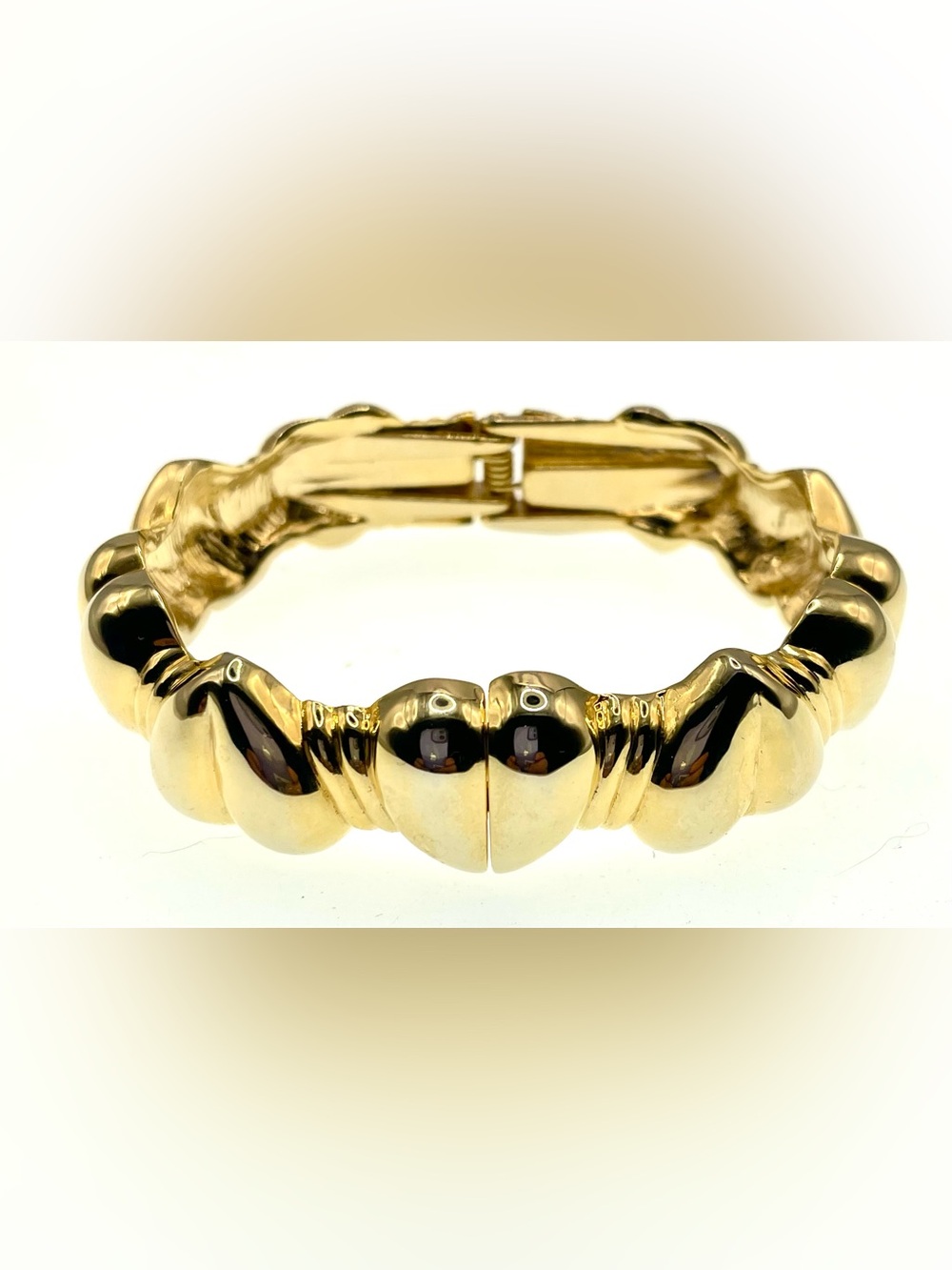 Vintage Gold Tone Hinged Heart Link Bracelet Statement Cuff Chunky Romantic Glam